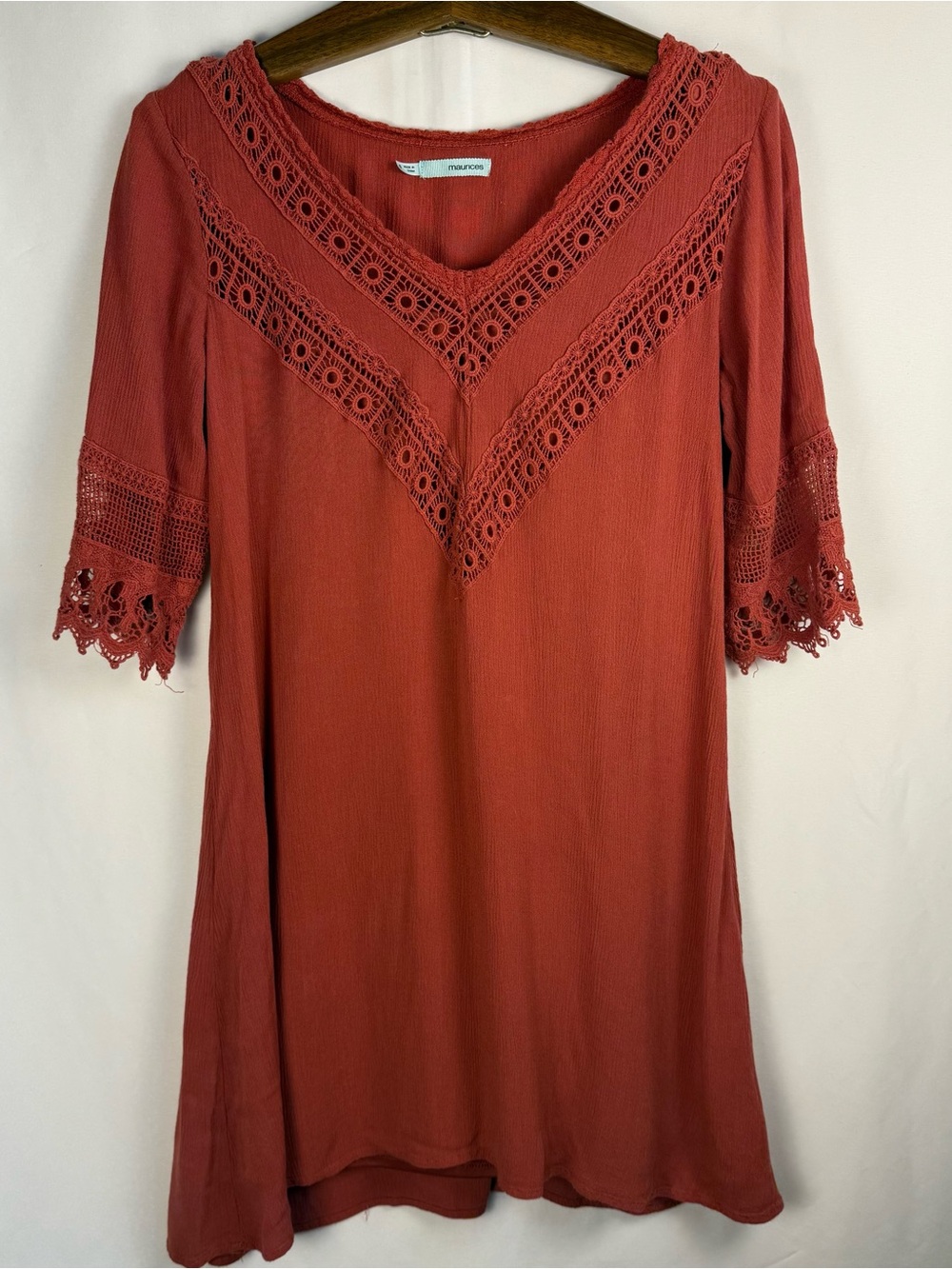 Maurices Crochet Trim V‑Neck Midi Dress in Rust
